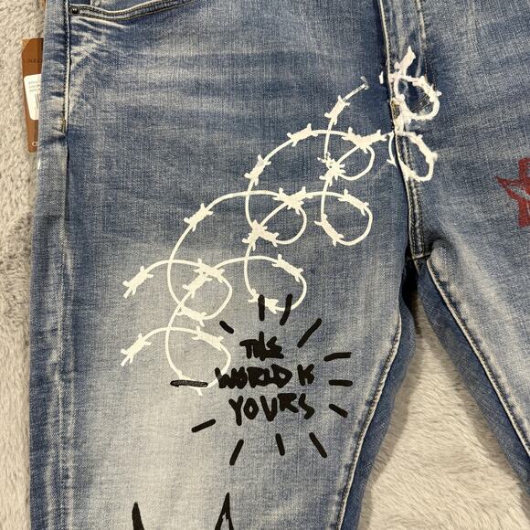 Crysp Denim Jeans Mens 42 Graffiti Art Graphic Distressed Pants Written Indigo 4 - Picture 5 of 16